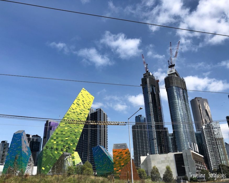 Melbourne skyscrapers and yellow sculpture