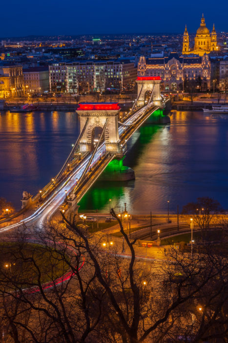 Chain Bridge illuminated Hungarian flag Basilica