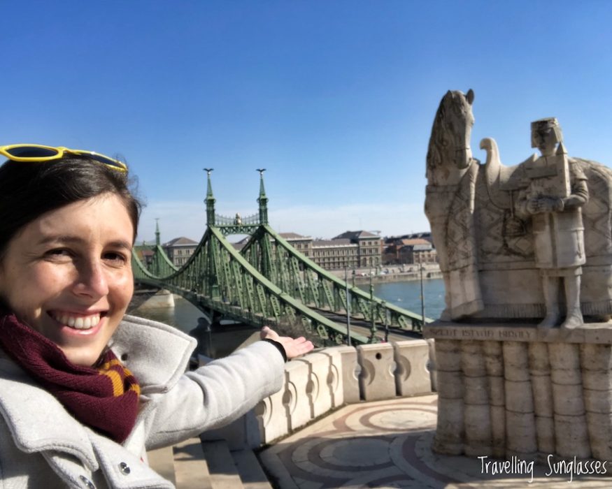 Travelling Sunglasses Budapest Liberty Bridge and Saint Stephen statue