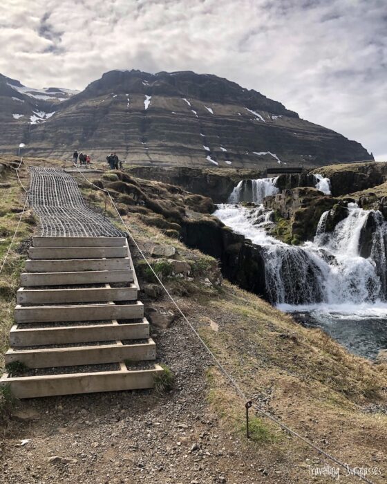 Snaefellsnes peninsula with a toddler Kirkjufell waterfall stairs
